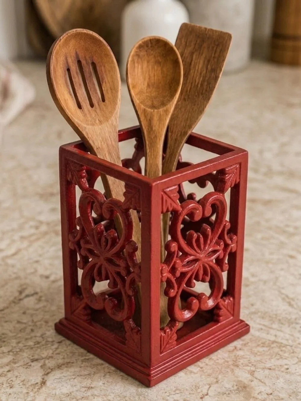 3 Pc Red Cast Iron Kitchen Set Utensil Holder Trivet Spoon Rest Scrollwork